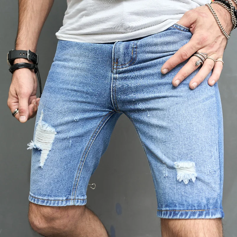 

Men Short Jean Denim Pants Ripped Distressed Knee Length Middle Waist Holes Causual Fashional Bleached Scratched Shorts 11B19