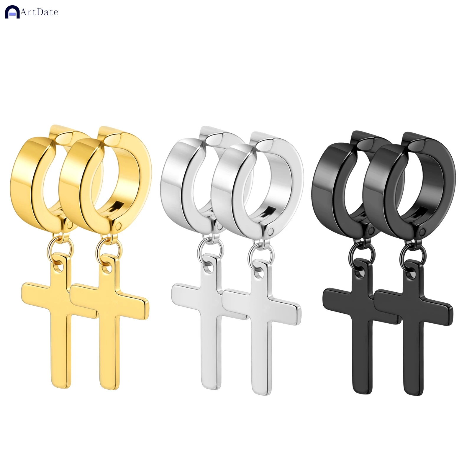 2pc Stainless Steel Men Cross Stars Punk Dangle Earrings Gothic Woman Cross Ear Hoop Earrings Huggies Pendant Piercing Jewelry