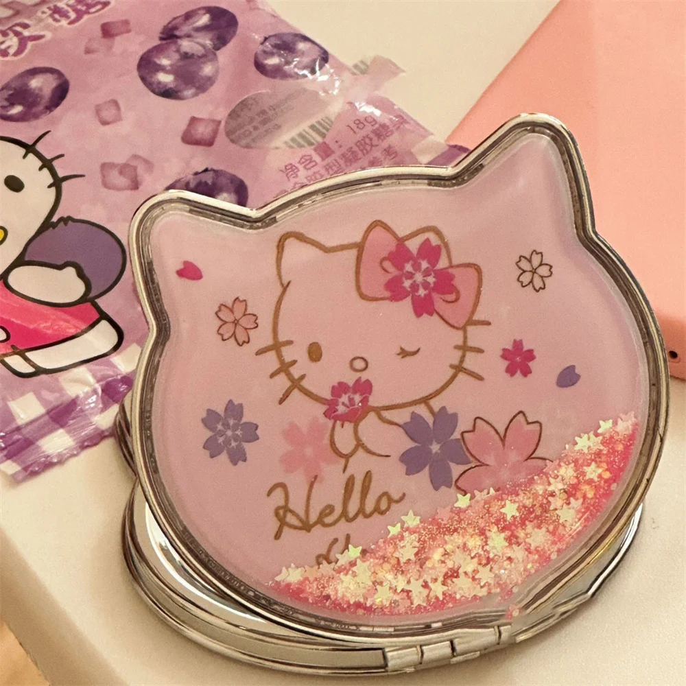 Kawaii الكرتون سانريو مرحبا كيتي مرآة الرمل المتدفقة لطيف المحمولة طوي على الوجهين فتاة يوميا يده مرآة لوضع مساحيق التجميل هدية