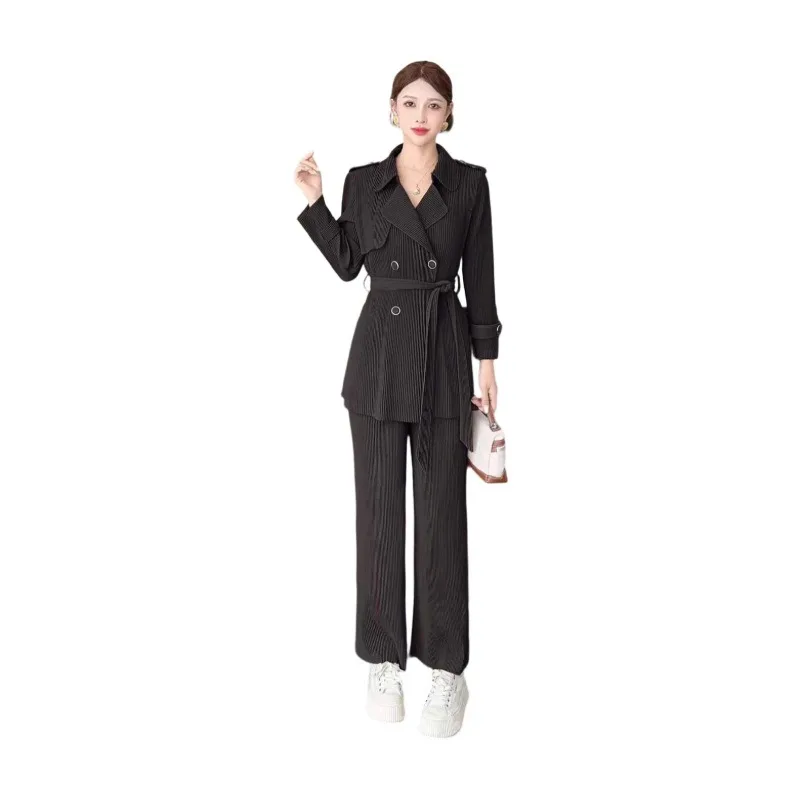 Miyake conjunto de calças plissadas 2025 outono novo terno plissado de renda terno feminino trespassado terno colarinho simples conjunto completo de 2 peças