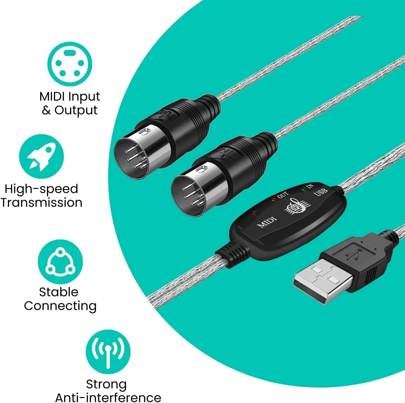 MIDI Cable Set to USB with Type C Adapter 2 in 1 MIDI Piano USB Cord from PC to Keyboard, Synthesizer, Electronic Drum