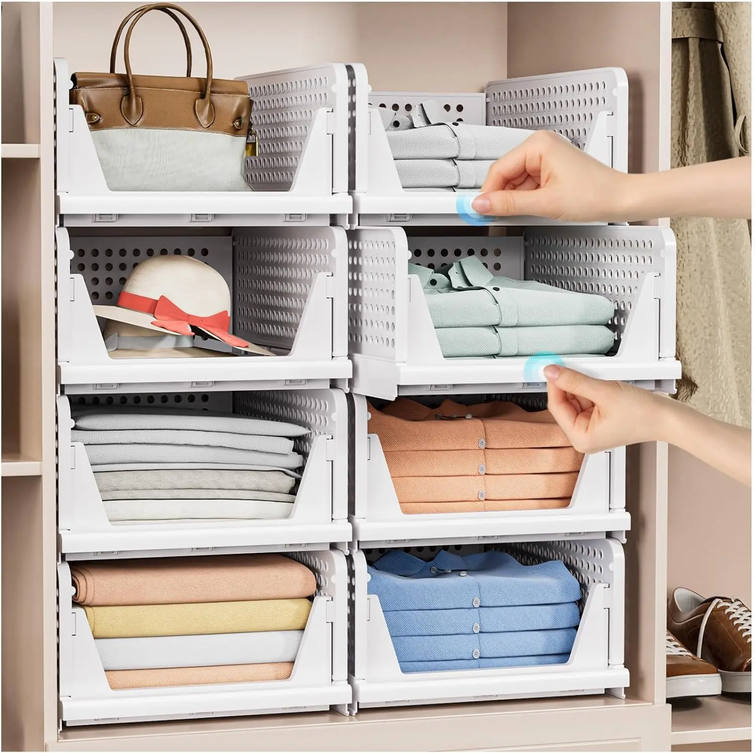 

5 Pack Stackable Closet Storage Basket - Stackable Storage Bins, Multifunctional & Foldable Closet Organizer, Wardrobe Cupboard