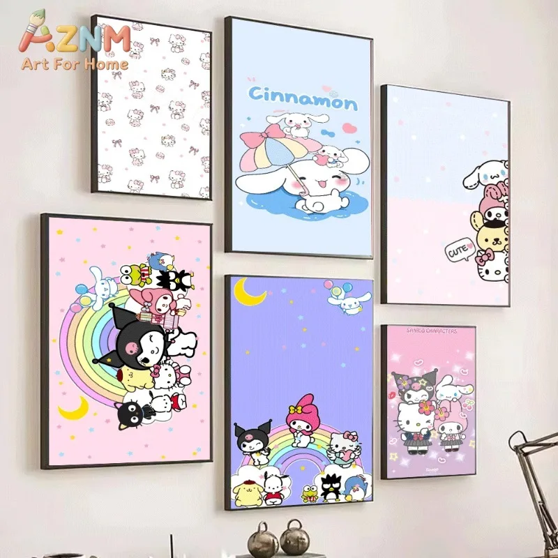 Sanrio Cute Cartoon Poster Hello Kitty Kuromi Cinnamoroll Rainbow Bow Macaron Pastel Canvas Wall Art No Frame Girls Room Decor