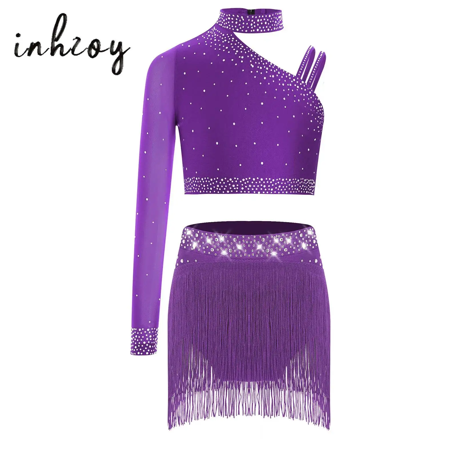

Kids Girls Latin Jazz Tango Dance Costume Unique Irregular Shoulder Shiny Rhinestones Crop Top with Fringe Skirt Samba ChaCha