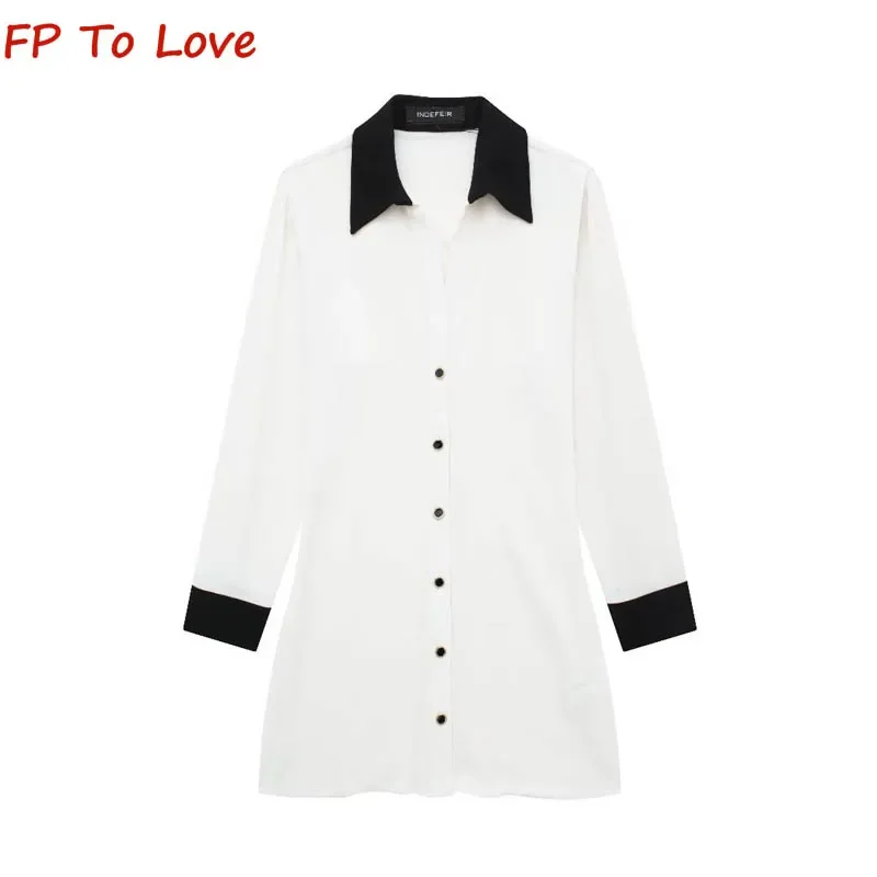 2024 Spring Street Style Colour Blocked Panel Dress White Lapel Single Breasted Long Sleeve Mini Dress 3897064