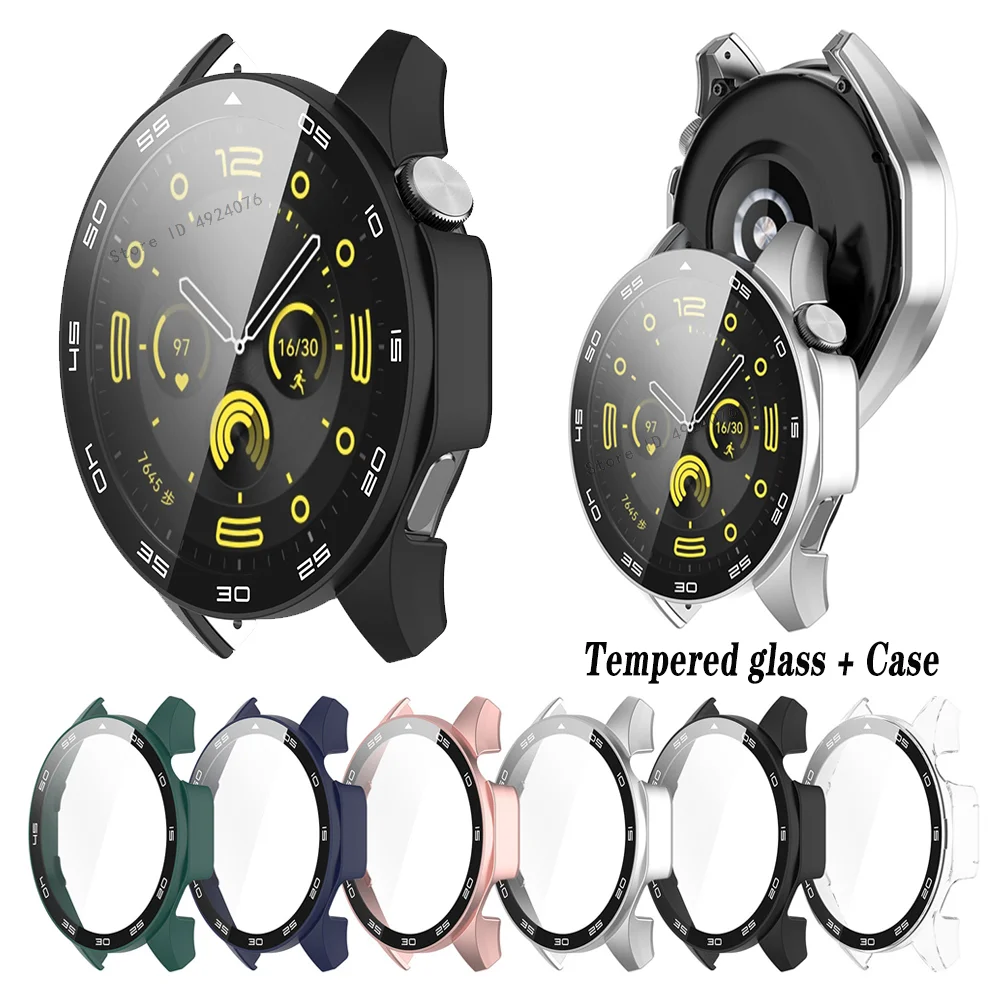 Displayschutzfolie aus gehärtetem Glas + Stoßfänger für Huawei Watch GT4 46 mm, harte PC-Schutzhülle für Honor Watch 4 Pro, Schutzrahmen