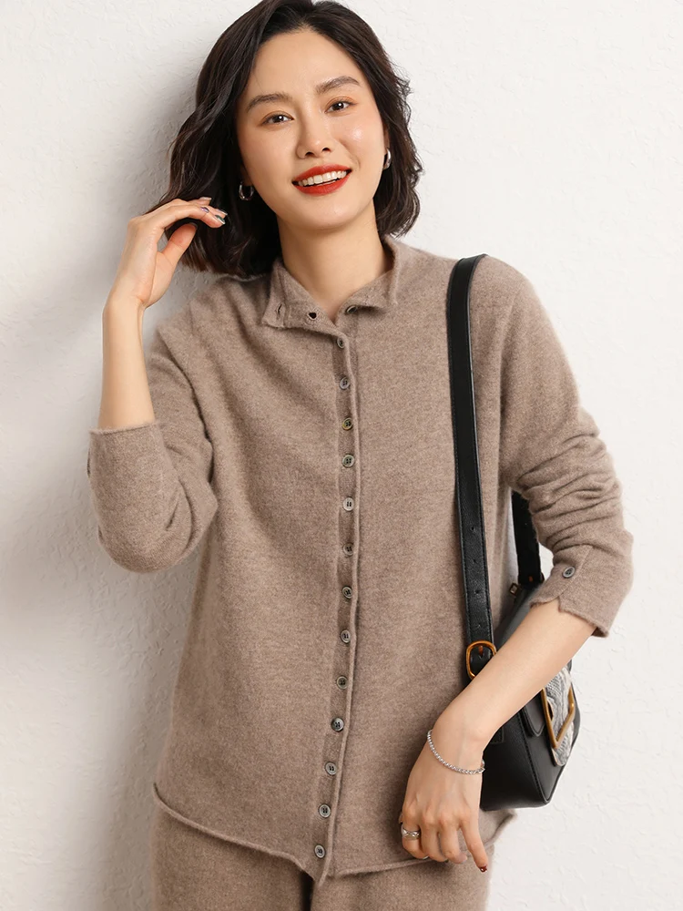 New Women\'s 100% Goat Cashmere Cardigan Stand-up Collar Sweater Autumn Winter Loose Basic Cashmere Knitwear Korean Fashion