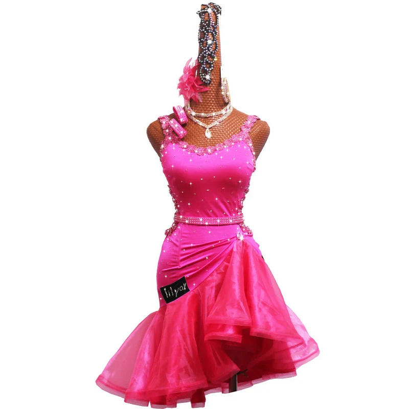 New Latin Dance Dress Latin Skirt Competition Dress Costumes Performing Dress Sparkly Rhinestone Pink Embroidered Fishbone skirt