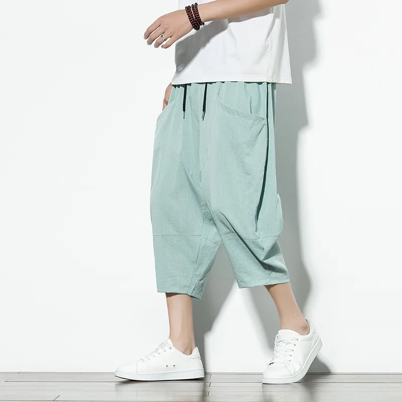 New Cropped Pants Men's Youth Pants Large Size Loose Bloomers Japanese Trend Casual Ice Silk Beach Pants брюки карго карго