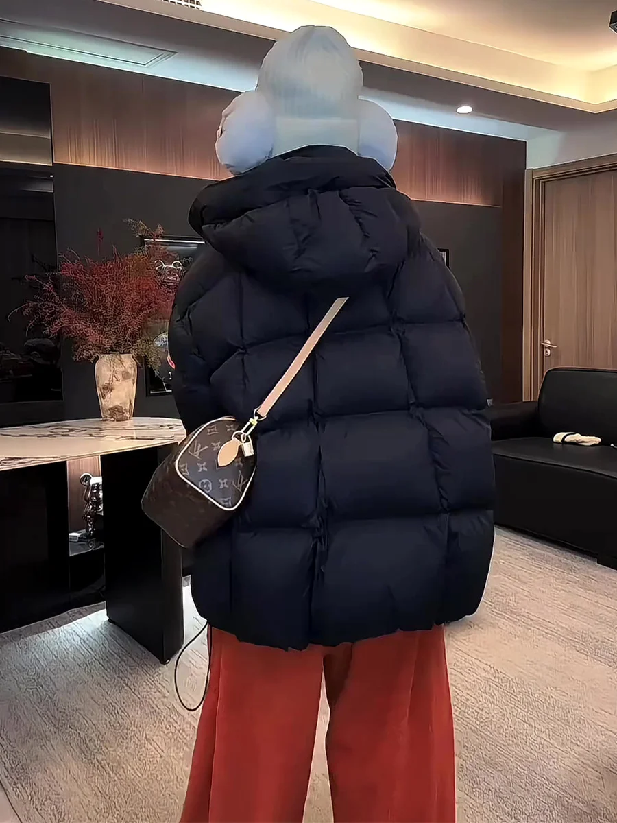 Chaqueta Acolchada Blanca Holgada para Mujer, Estilo Coreano, Chaqueta Larga con Capucha, Abrigo Cálido de Longitud Media