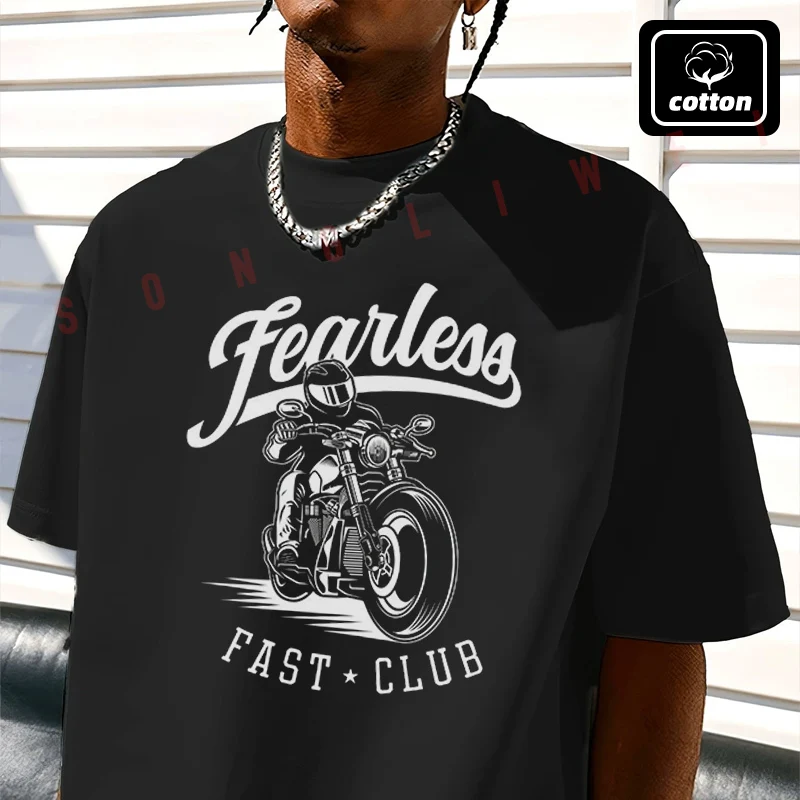 T-shirt Moto Fearless Design Vintage en Coton Uni pour Hommes – T-shirts Amusants Décontractés Style Harajuku