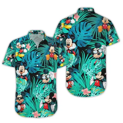 Camisas hawaianas de playa de nuevo estilo, camisetas de manga corta con botones de verano para hombres y mujeres, camisas con estampado de personajes de dibujos animados de Disney