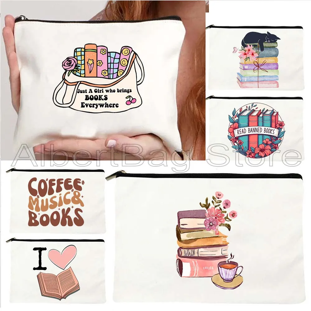 

Aesthetic Floral Stack of Books Coffee Flowers Heart Read Book Quotes Reading Gifts Girl Cosmetic Makeup Bag Pencil Case Pouch