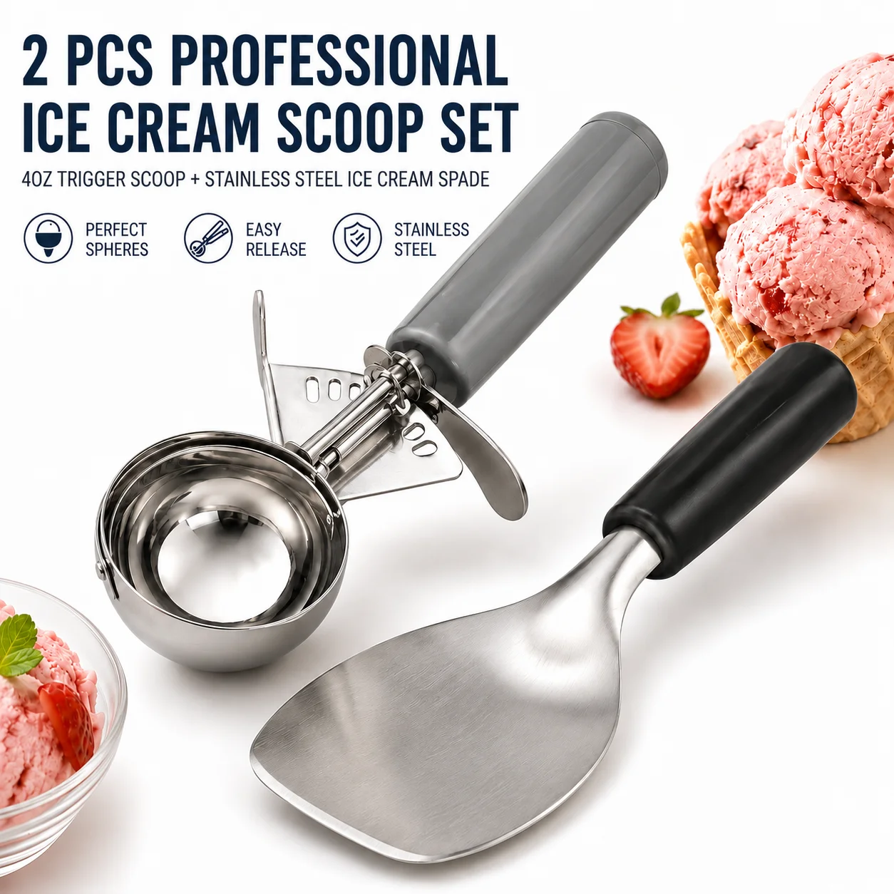 2 PACK Professional Ice Cream Scoop Set With Trigger And Spade Heavy Duty Stainless Steel Scooper For Gelato Sorbet Tools