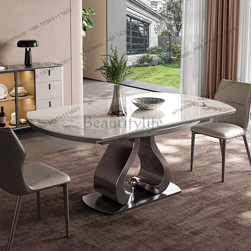 Light luxury rock slab telescopic folding dining table square round dual-purpose stainless steel multi-functional dining table