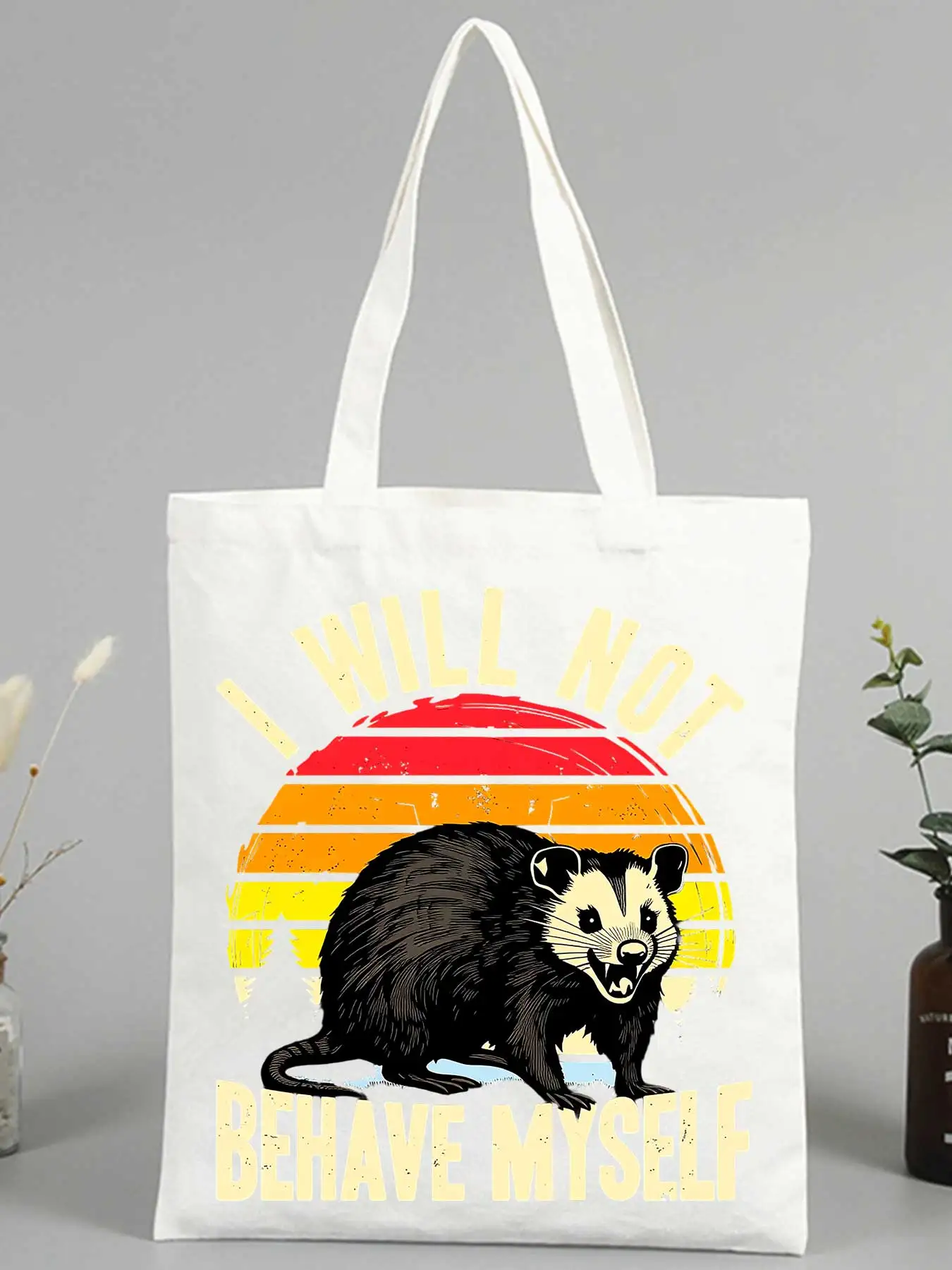 opossum graphic canvas tote bag with retro sunset print, ideal for casual daily use and weekend outings