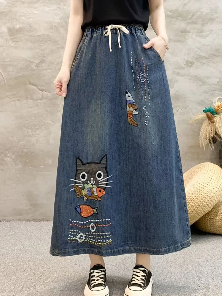 Skirt 2025 Woman Natural Loose Fit Tat Embroidery Middle Age Polyester Skirts Y2k 342 009 Flash Sale