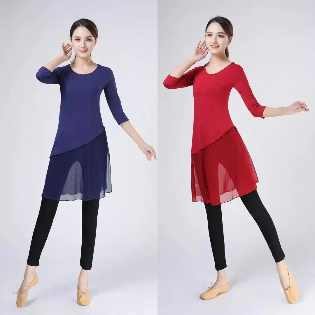 Mid length dance training suit for women's modal modern dance, classical dance, Chinese dance training clothing, and body clothi