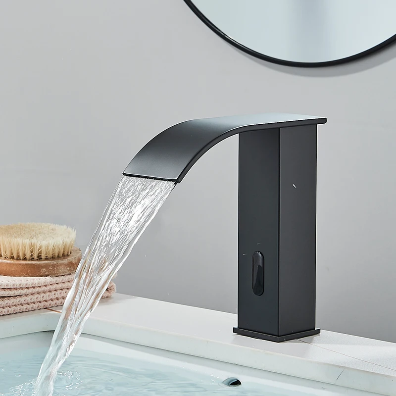 Matte Black Smart Sensor Basin Faucet Cold and Hot Water Mixer Deck Mounted Bathroom Sink Tap Waterfall Washbasin Crane