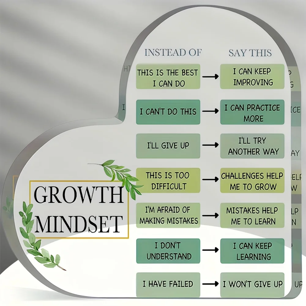 Growth Mindset Heart‑Shaped Acrylic Tabletop Plaque, Positive Affirmation Green Leaf Mental Health Desk Decor
