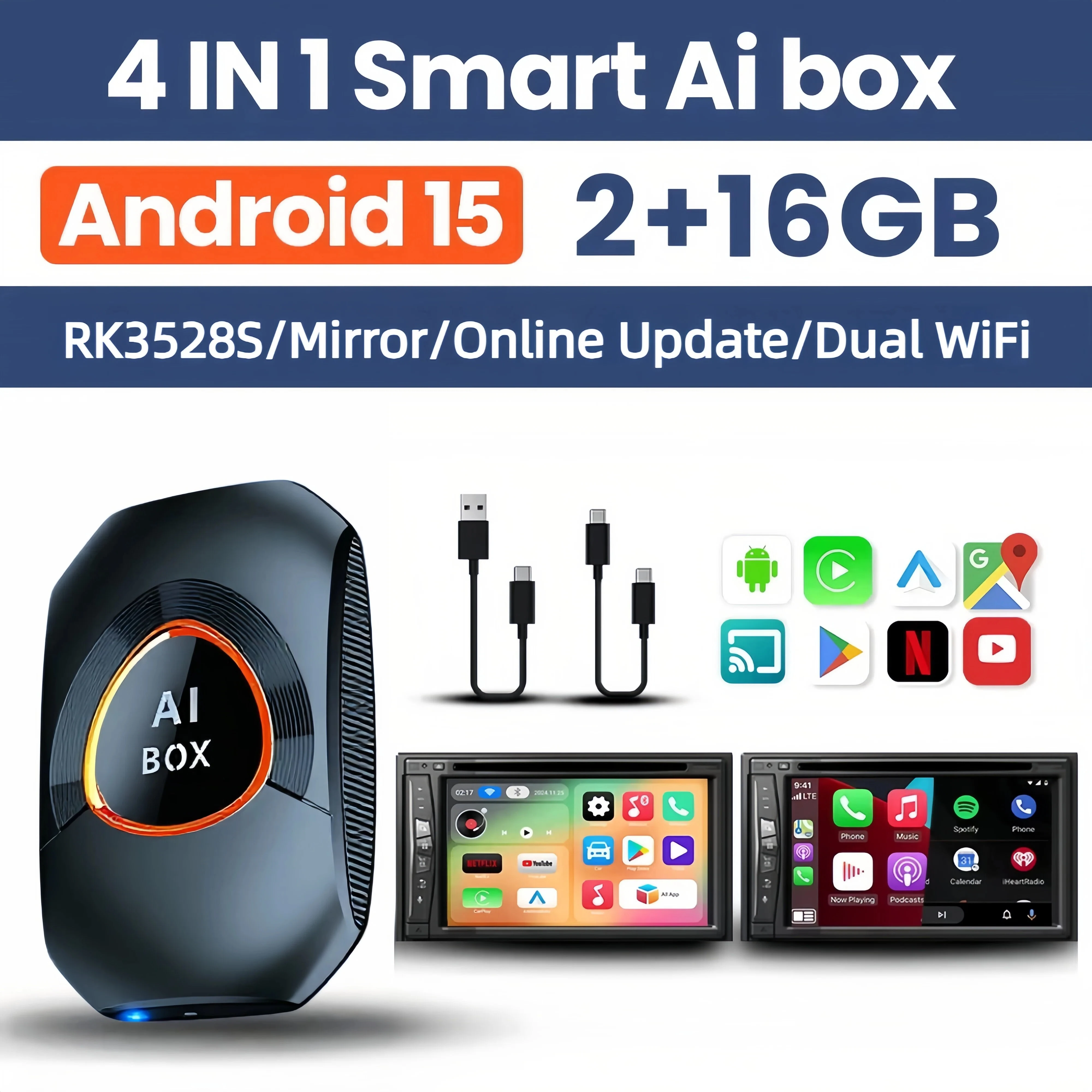 Android 15 Carplay AI Box Draadloze Carplay Android Auto Ondersteuning Netflix Youtube Voor VW Toyota Mazda Hyundai Ford Haval GMC Audi