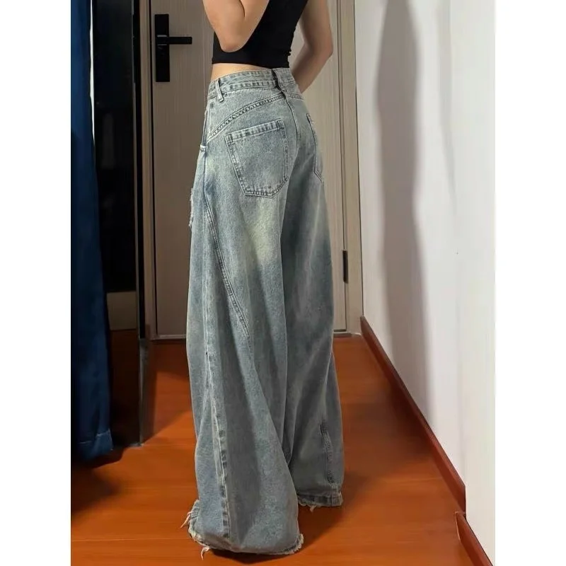 Ripped Wide Leg Denim Jeans Women's American Retro Shape Knife  Summer Trend Vintage Workwear High Waist Zipper Closure