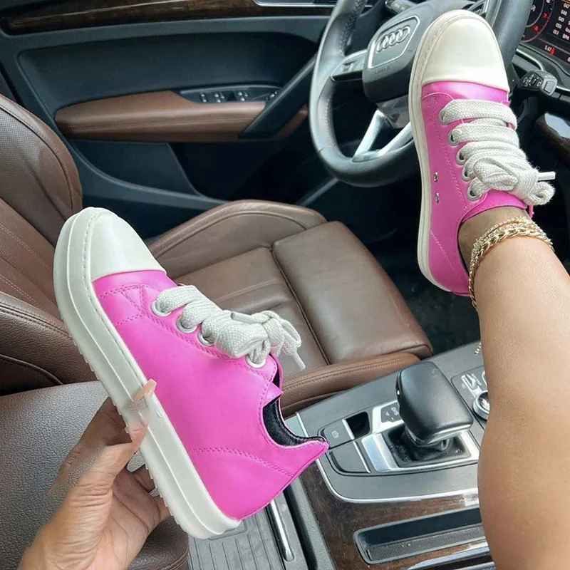 Casual Shoes Pink PU Leather Shoes for Women Boots Male Luxury Designer Lace-up Women's Sneakers