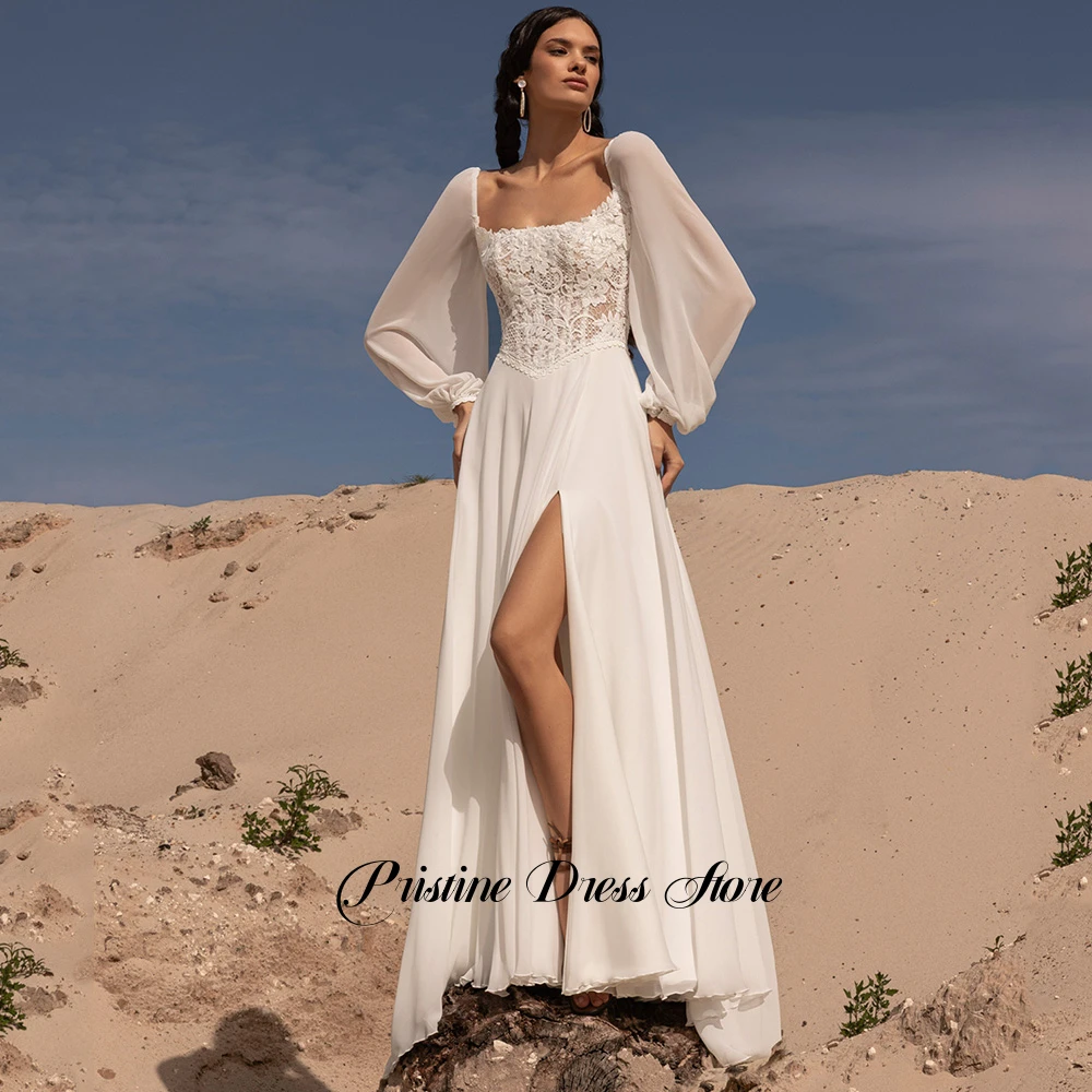 Bohemian Beach Wedding Dress Customized Women Appliques Lace Square Neckline Long Sleeves Side Slit Chiffon Civil Bridal Gowns