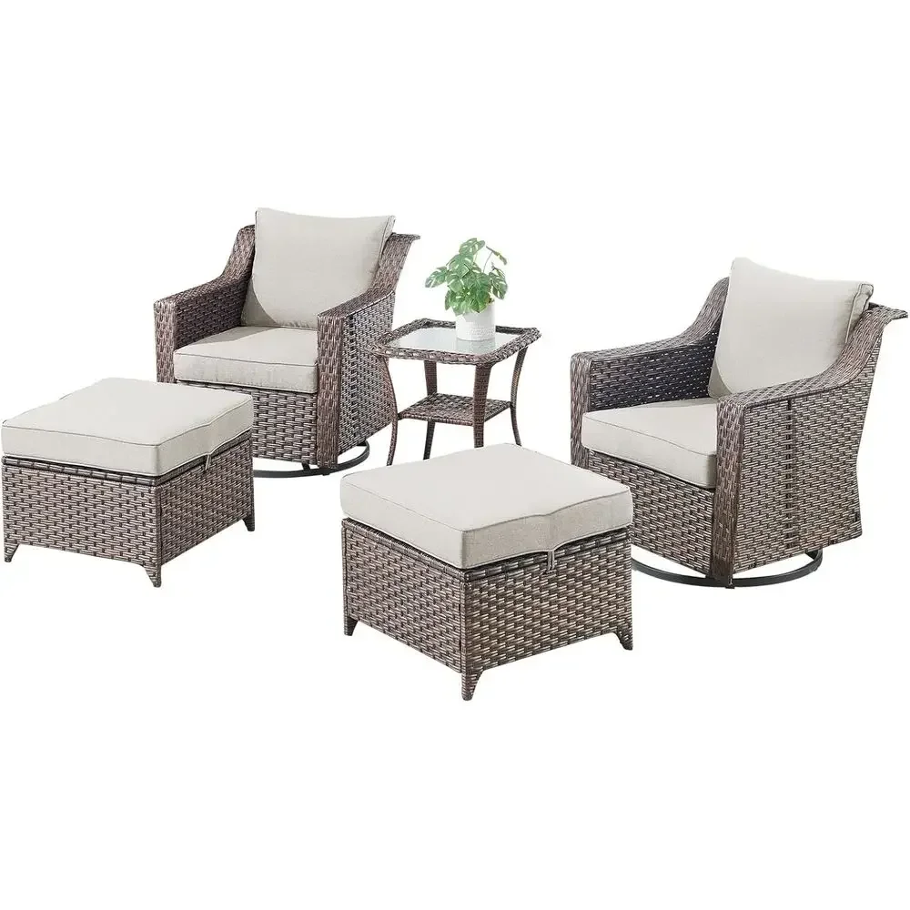 5-Piece Outdoor Wicker Patio Furniture Set with Swivel Rocking Chairs, Ottomans, and Side Table - Brown/Beige