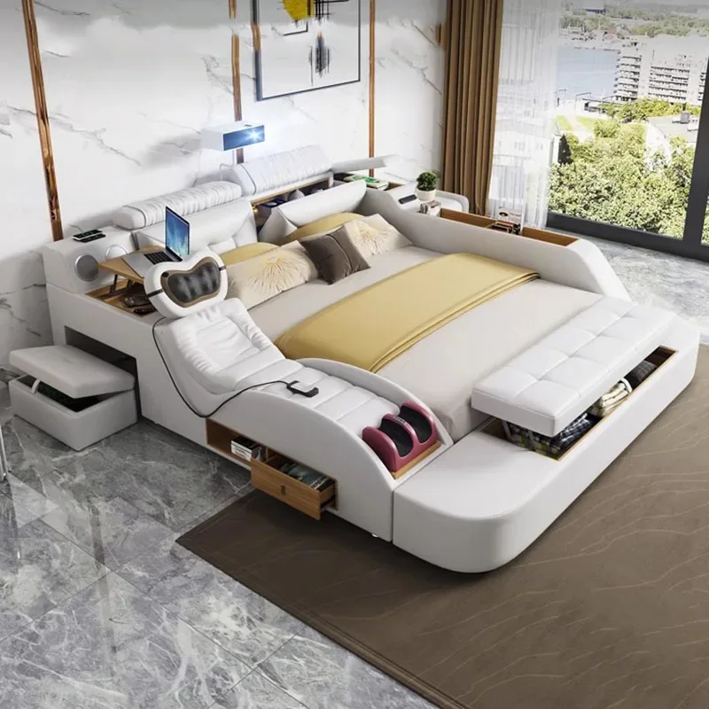 Beauty Design Bed Bedroom Smart Headboards Double Modern Bed Multifunctional Wooden Princess Letto Matrimoniale Hotel Furniture - Image 3