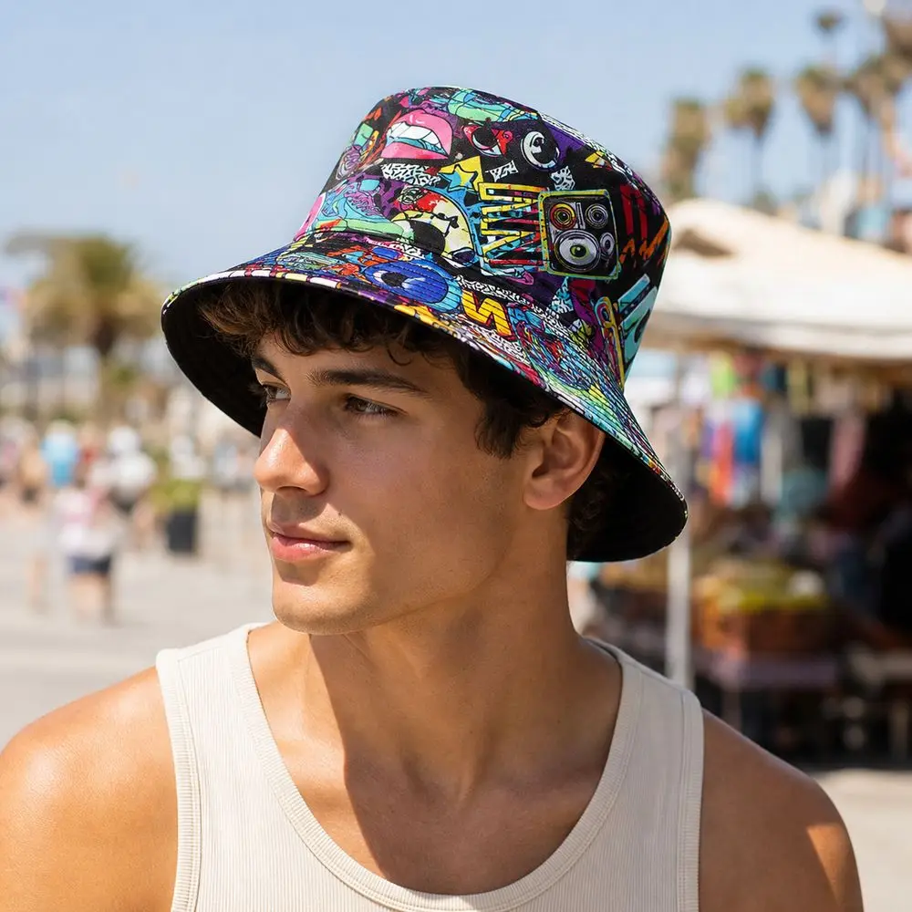 Fashion Retro Graffiti 80s 90s Reversible Bucket Hat Anti-UV Quick Drying Beach Fishing Hat Breathable Adjustable Sun Hat Unisex