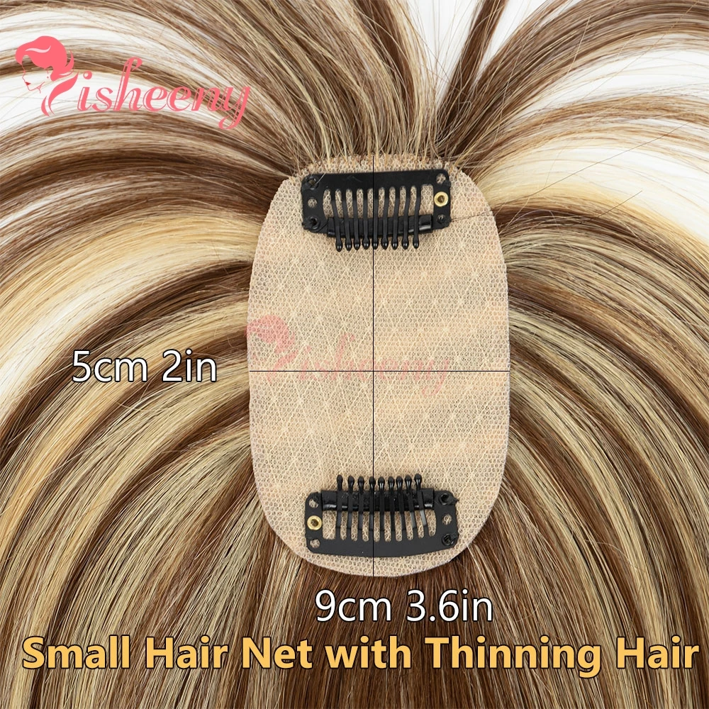 Isheeny Human Hair Toppers for Women 5x9cm Basement Cover Hairpiece with Thinning Crown Wispy Clip in Bangs Realistic Scalp Hair