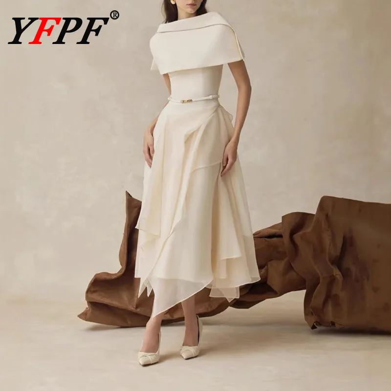

YFPF Elegant Women Two Piece Set Solid Color Short Shawl + Sleeveless Belt Asymmetrical Patchwork Long Dresses Luxury Party