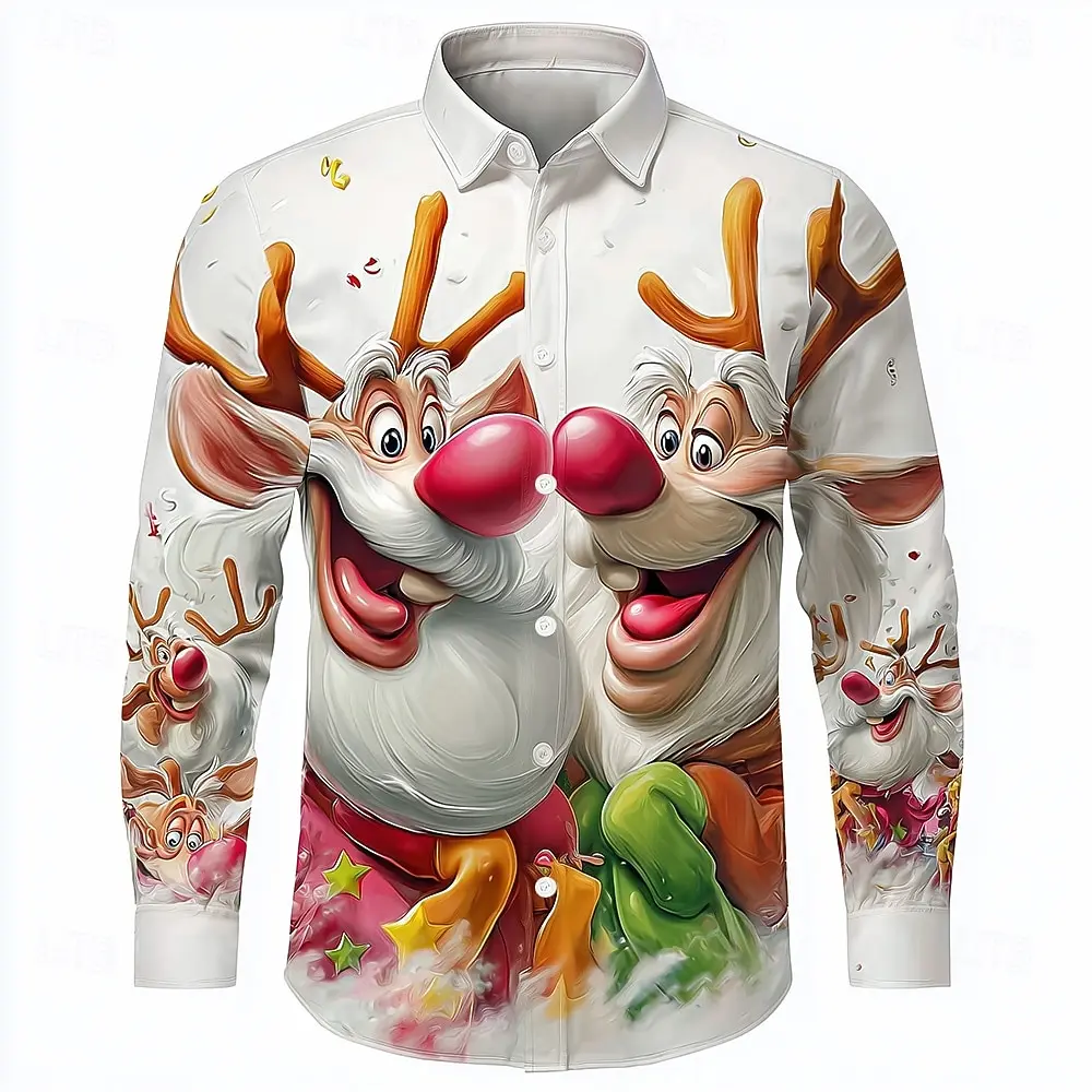 Cartoon Christmas Elk Print Men's Long-sleeved shirt Autumn Casual Lapel Top Fashion 3D Santa Claus Pattern Shirts X'mas Clothes