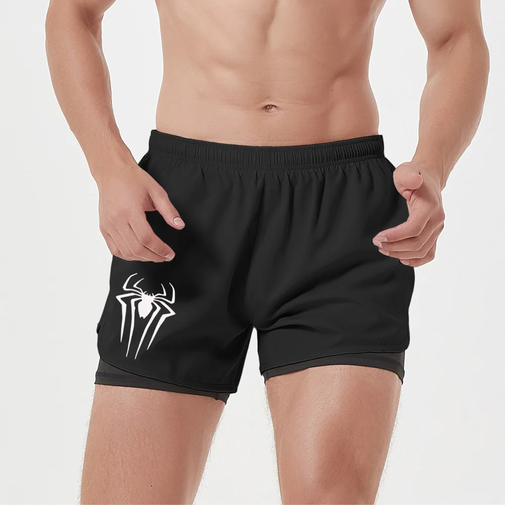 2 in 1 Men\'s Gym Shorts Fitness Quick Dry Sports Performance Shorts Print Double-deck Short Pants Running Summer