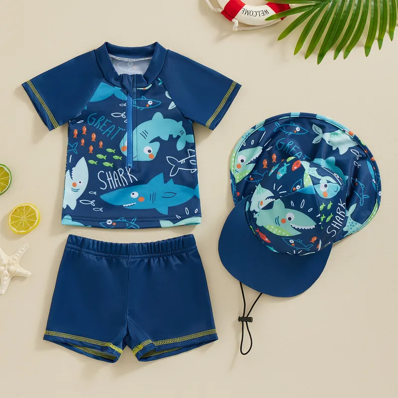 Baby Kids Boys Rash Guard Set, Short Sleeve Shark Dolphin Print Top with Shorts Hat Swimsuit Summer Swimwear