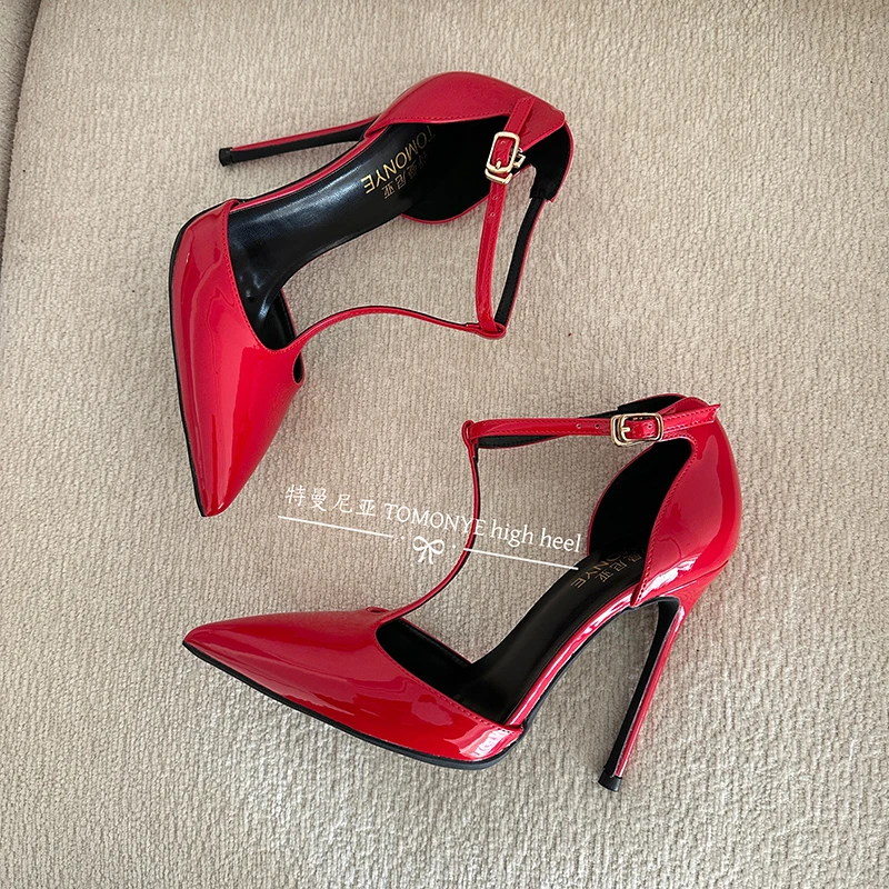 TOMONYE Red Deep Dark Blue Patent Leather  Ankle T Strap High Heel Women Lady Summer Sexy Evening Dress Shoes Pump On Sale