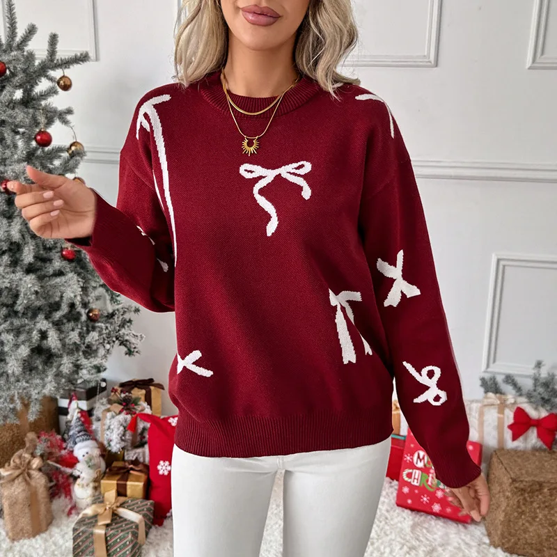 

New Year Autumn and Winter Christmas Style Sweet Style Round Neck Bow Jacquard Sweater for Women
