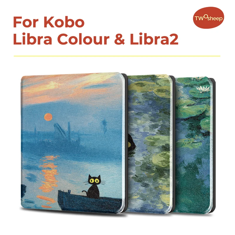 Twosheep for Kobo Libra2/ Libra Colour Case MonetStyle Cat 7inch Magnetic Flip TPU Soft Shell Auto Sleep Wake Cover
