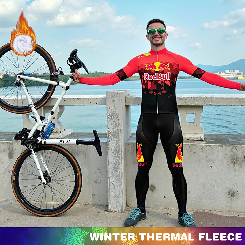 

Thermal Jersey Cycling RED BULL Winter Clothing Fleece Men's Bicycle Clothes Long Sleeve Jumper Bib 2025 Mountain Bikes Termal