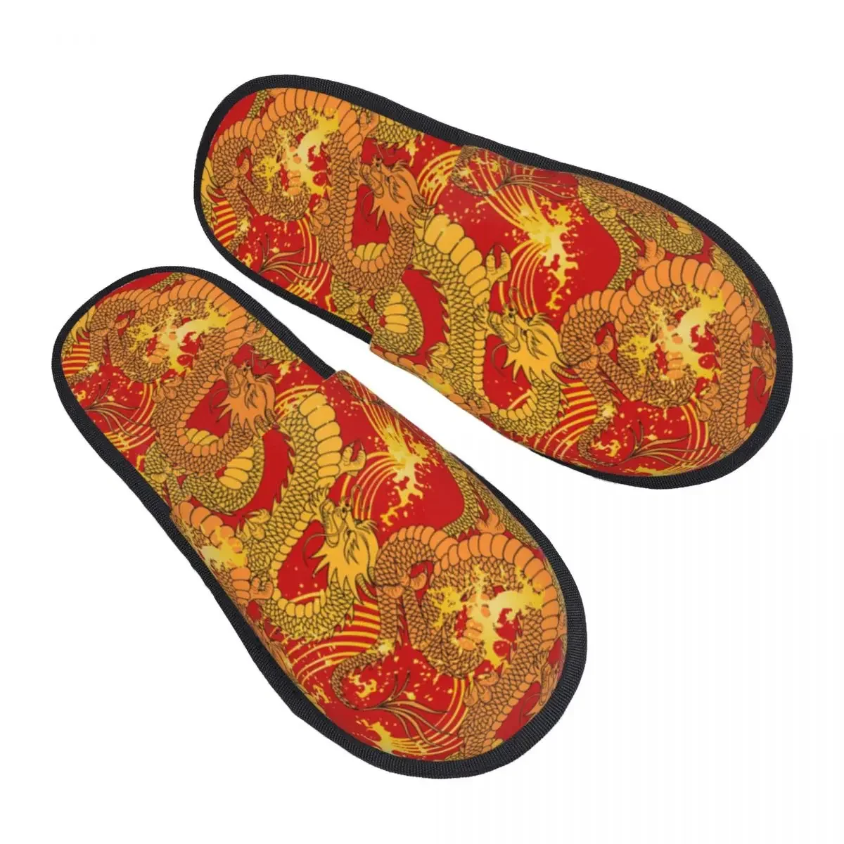 Soft Slippers Dragon And Golden Waves Non-Slip Floor Indoor Home Furry  Shoes For Bedroom