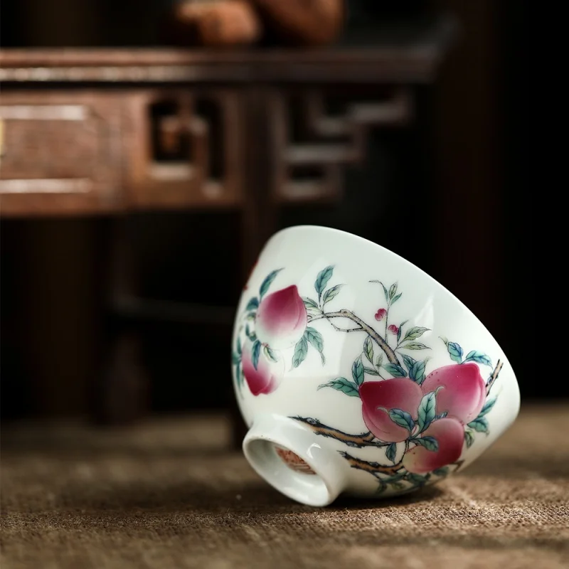 Jingdezhen White Porcelain Egg-Shell Porcelain Pink Nine Peach Five Fu Tea Cup Master Cup Single Cup Large Porcelain Tea Tasting