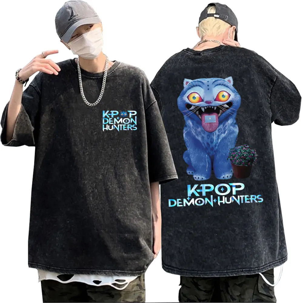 

Washed Vintage Cartoon Movie KPop Demon Hunters T Shirt Funny Derpy Tiger Graphic T-shirt Men Women Casual Cotton Retro T-shirts