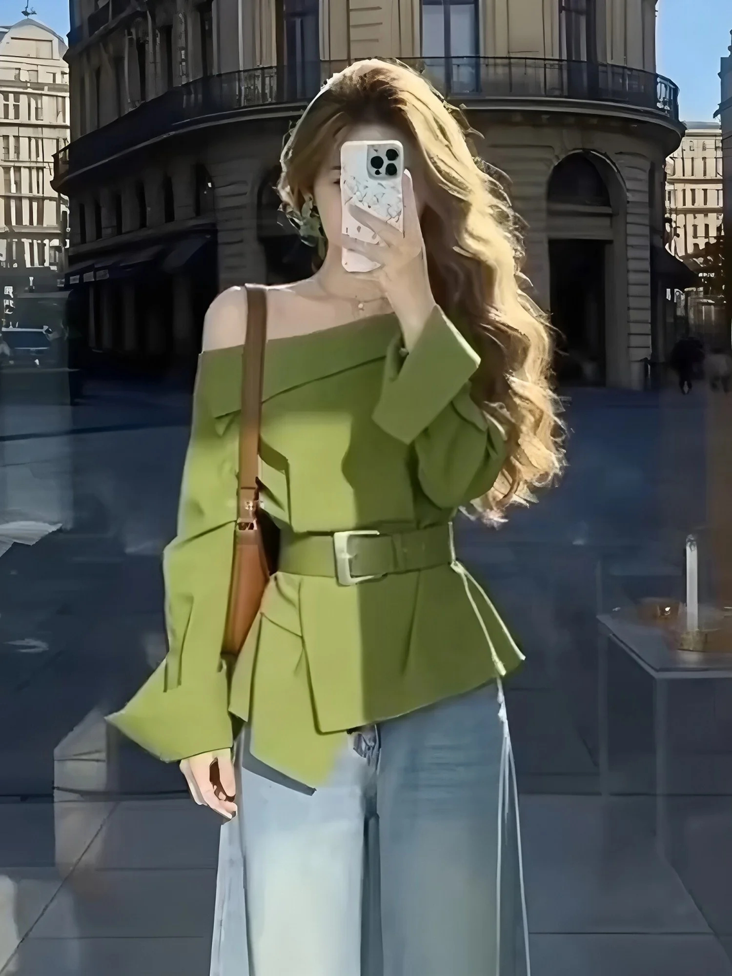 

Slimming Green One-Shoulder French Style Shirt Women's Spring Fashionable Outerwear Waist-Cinching Long Sleeve Shirt