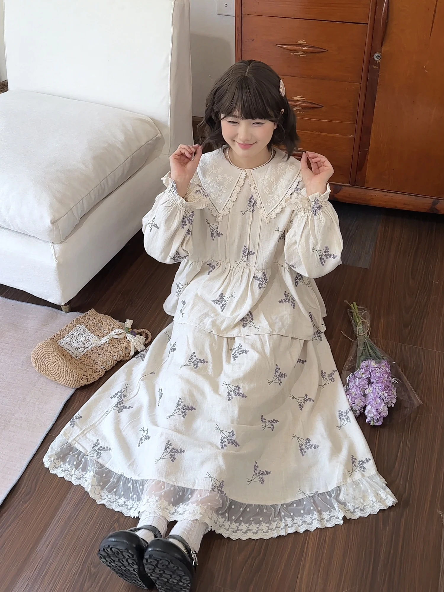 

Spring Collection Women's Long Sve irt And Lace Skirt Set Floral Print Country Sle Lav Fraance f Body Skirt