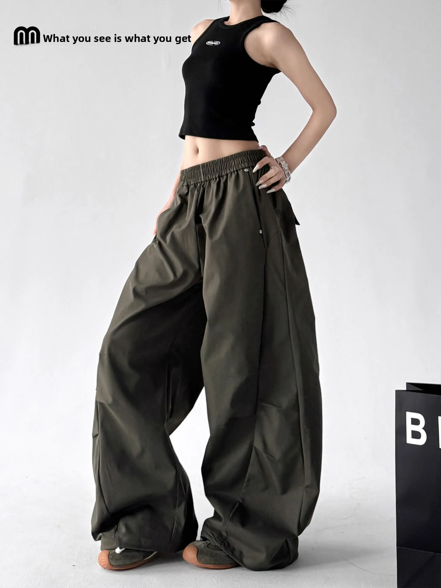 

Casual Wide Leg Workwear Pants Women's Loose Lazy Elastic Waist Knife Pants Summer New Style High Waist Nylon Fabric