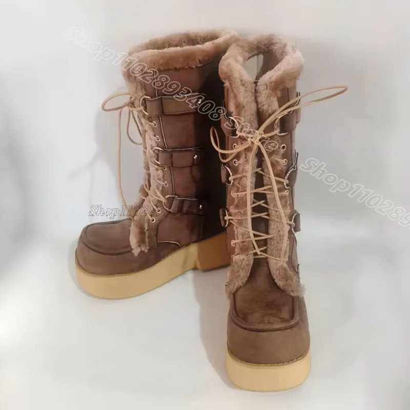 

Brown Fur Decor Peep Toe Boots Lace up Round Toe British Style Fashion Summer Casual Dress Women Shoes 2025 Zapatos Para Mujere