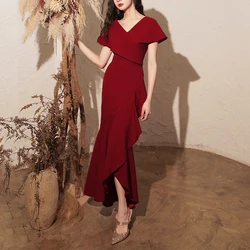 Spring Summer Long Luxury Designer Elegant Red Fishtail Skirt V Neck Evening Party Wedding Dresses for Women 2023