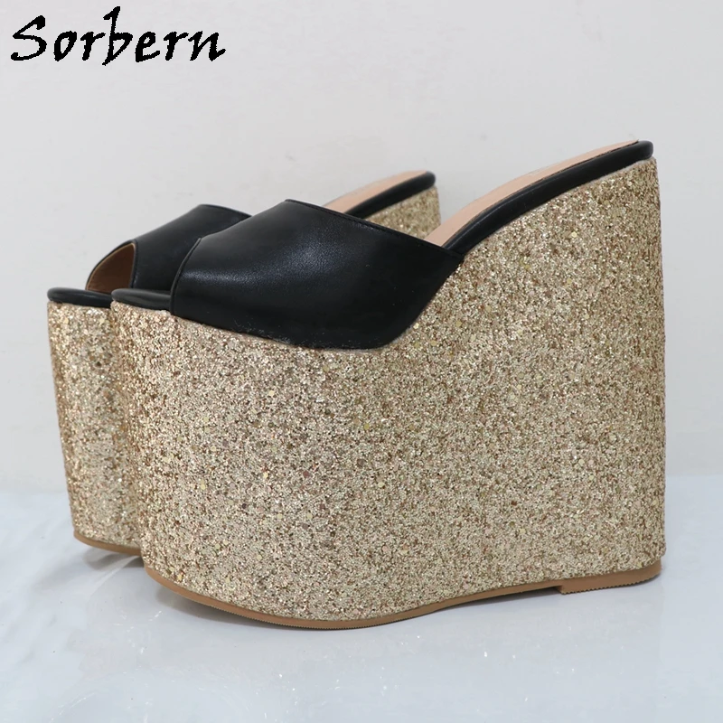 Sorbern Light Gold Glitter Wedge Slippers For Women Outdoor Black Matte Open Toe Slides Summer Style 22Cm High Heel Platform