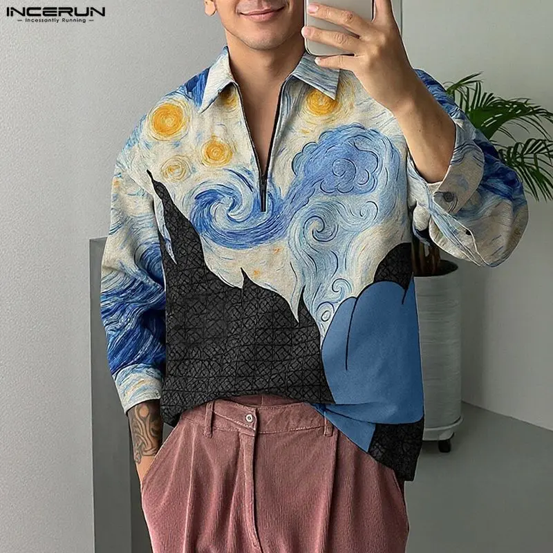 INCERUN Kemeja Pria Kerah Cetak Lengan Panjang Ritsleting Pakaian Pria Kasual Atasan Santai Fashion Longgar Pakaian Jalanan Kemeja Pria S-5XL